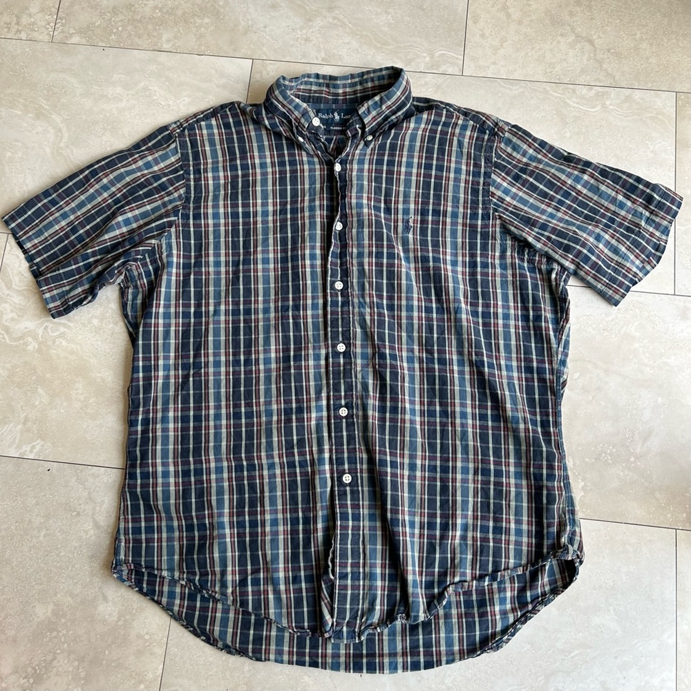 Vintage Ralph Lauren Plaid Striped Button Down Short Sleeve Shirt Size L 90s